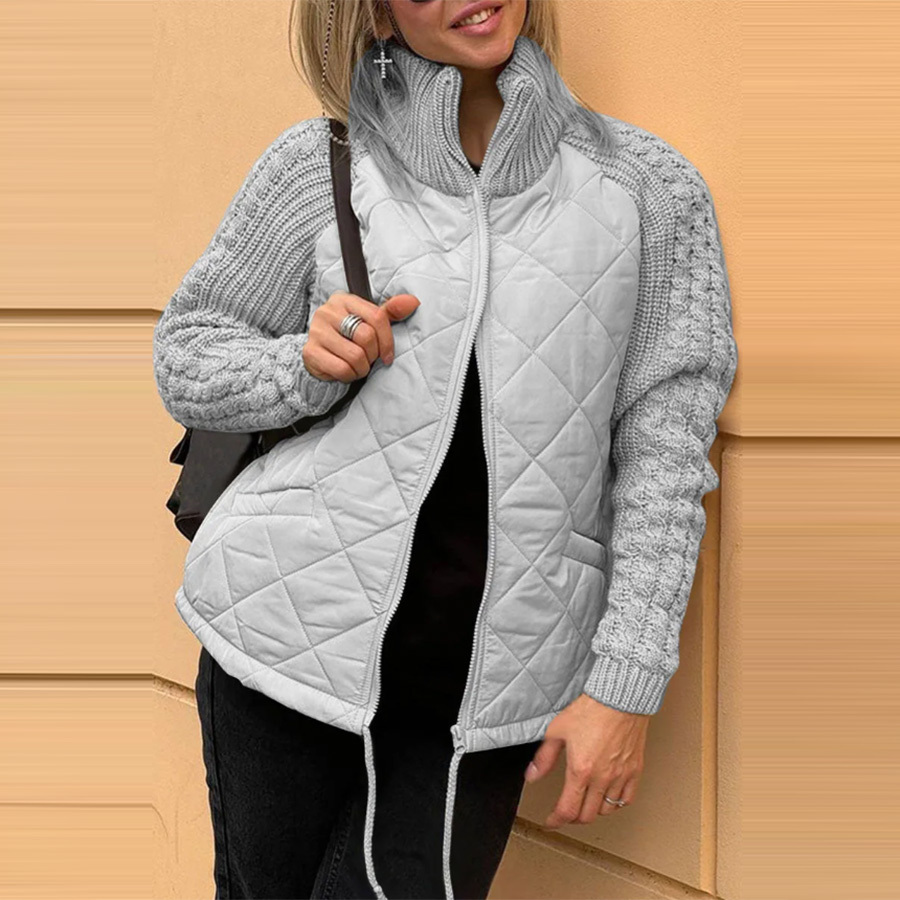 Women's Funnel Neck Quilted Puffer Jacket with Knit Sleeves. | Luxe Clothing Women's Funnel Neck Quilted Puffer Jacket with Knit Sleeves. - Image 4