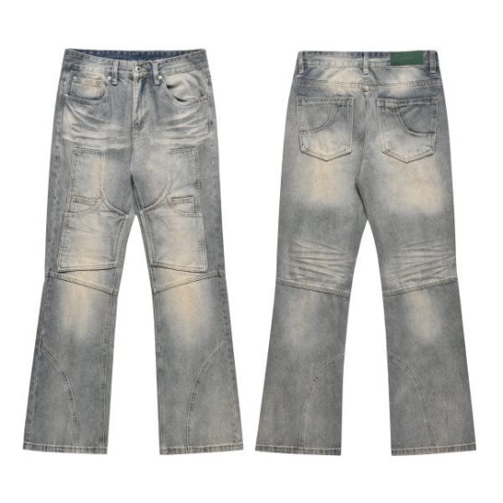 Vintage Wash Double Knee Wide Leg Jeans