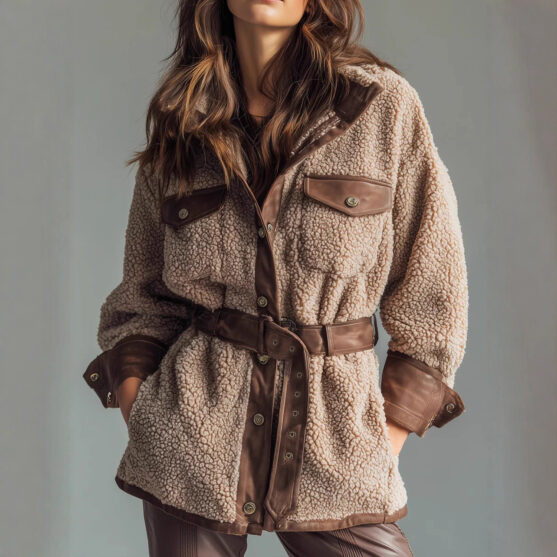 Stylish Belted Sherpa Jacket with Faux Leather Trim | #1 Pick
