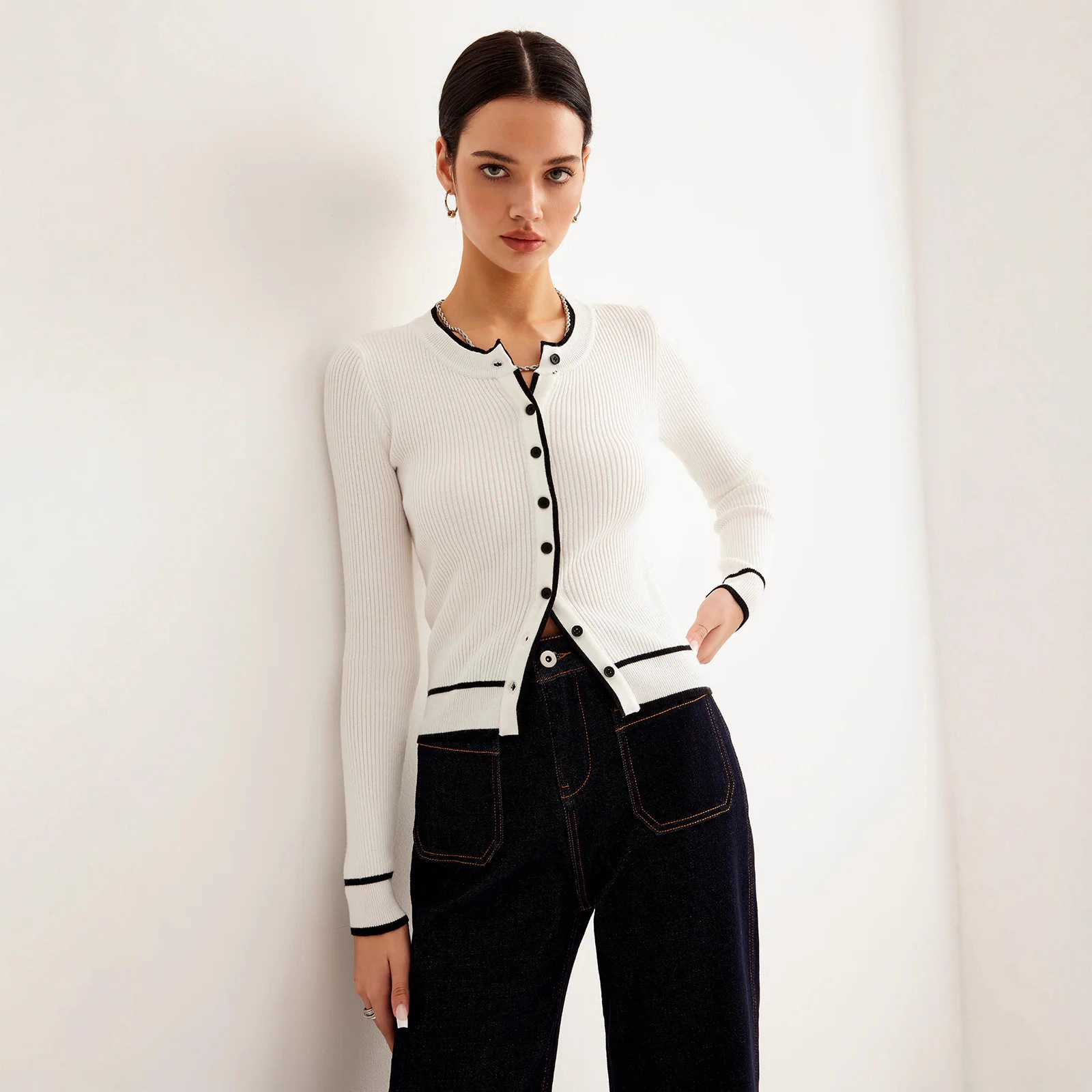 Women’s Contrast Trim Ribbed Knit Cardigan – Slim Fit Long Sleeve Sweater | Luxe Clothing Women’s Contrast Trim Ribbed Knit Cardigan – Slim Fit Long Sleeve Sweater - Image 4