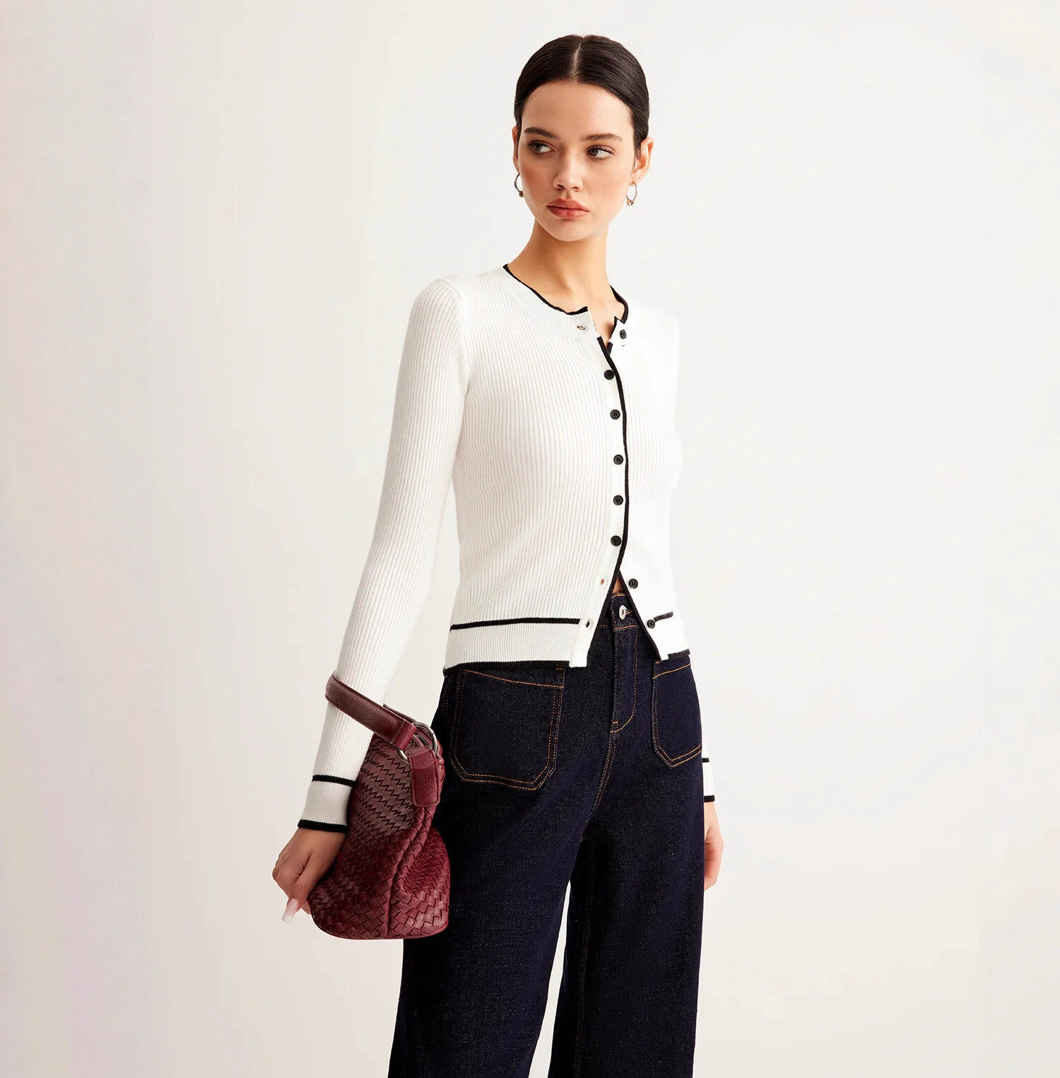 Women’s Contrast Trim Ribbed Knit Cardigan – Slim Fit Long Sleeve Sweater | Luxe Clothing Women’s Contrast trim cardigan– Slim Fit Long Sleeve Sweater