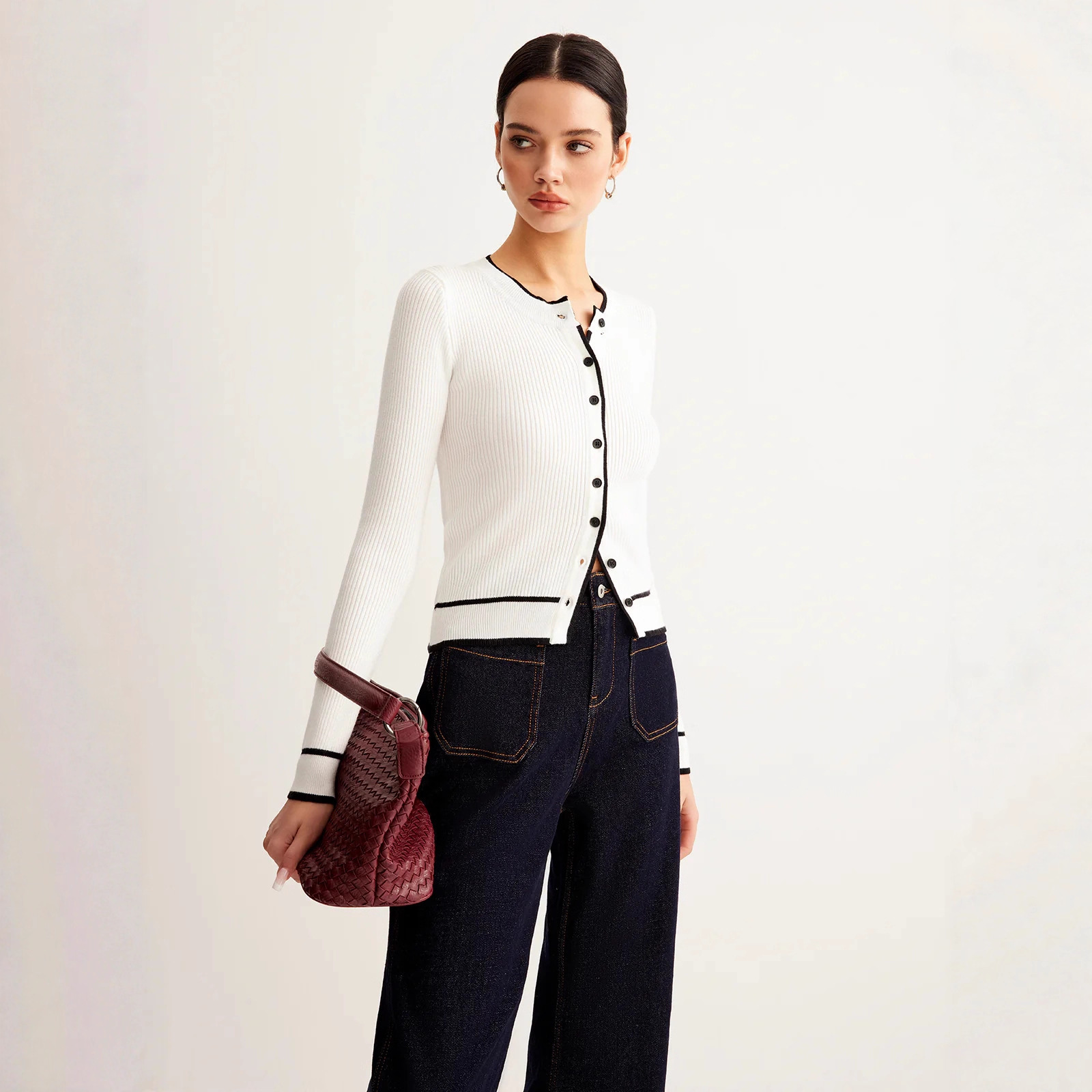 Women’s Contrast Trim Ribbed Knit Cardigan – Slim Fit Long Sleeve Sweater | Luxe Clothing Women’s Contrast Trim Ribbed Knit Cardigan – Slim Fit Long Sleeve Sweater - Image 3