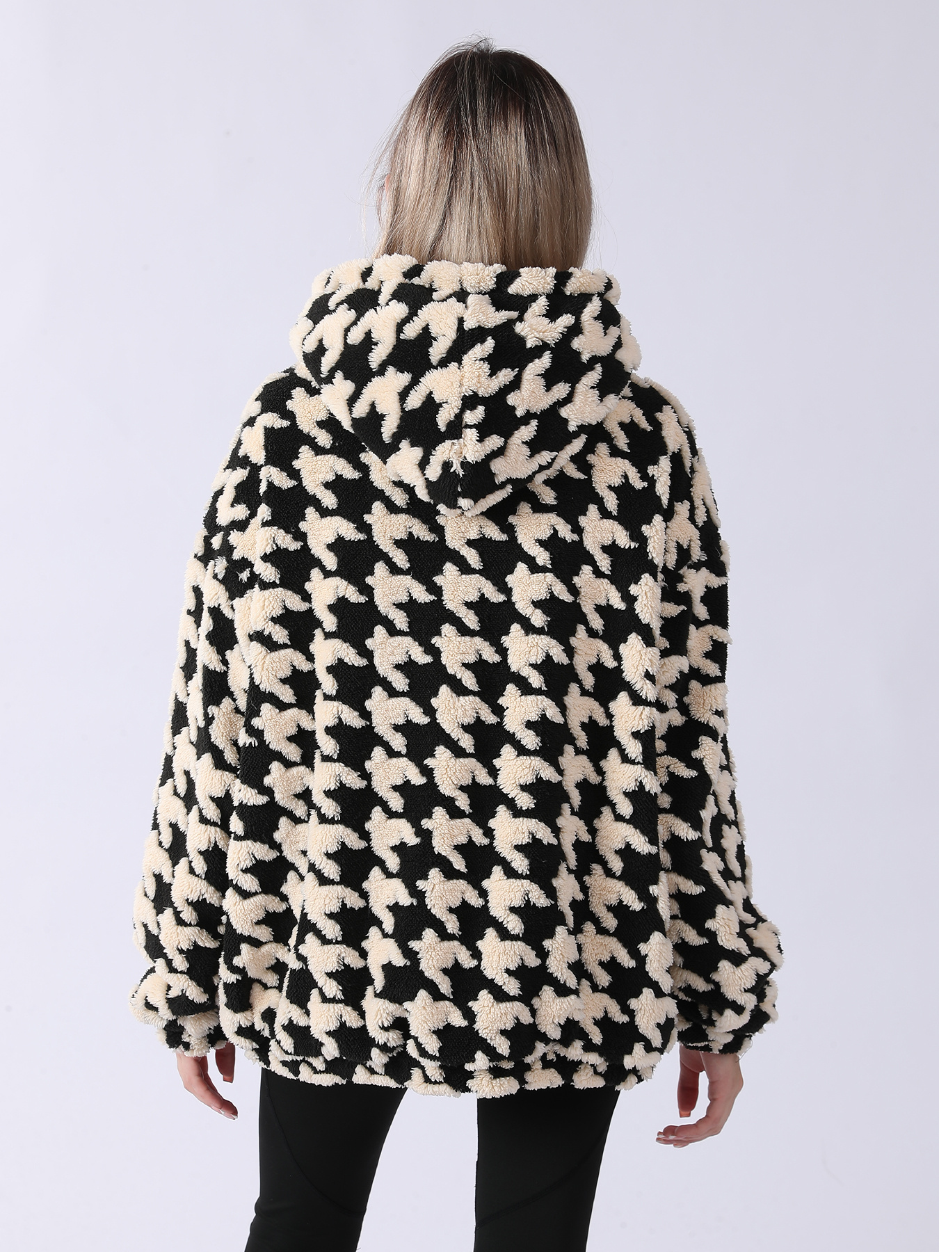 Cozy Houndstooth Sherpa Hoodie - Women’s Warm Oversized Teddy Pullover | Luxe Clothing Cozy Houndstooth Sherpa Hoodie - Women’s Warm Oversized Teddy Pullover - Image 7