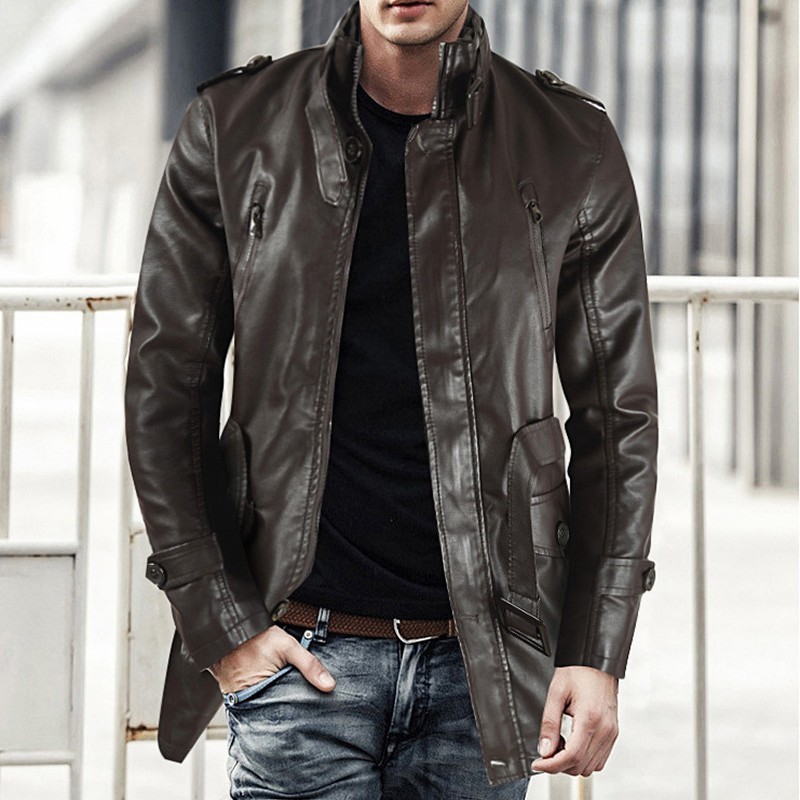 Men's Mid-Length Leather Trench Coat with Belted Waist & Stand Collar | Luxe Clothing Leather Jacket Men's Mid-Length Trench Coat - #1 Stunning Stylish Belted Overcoat