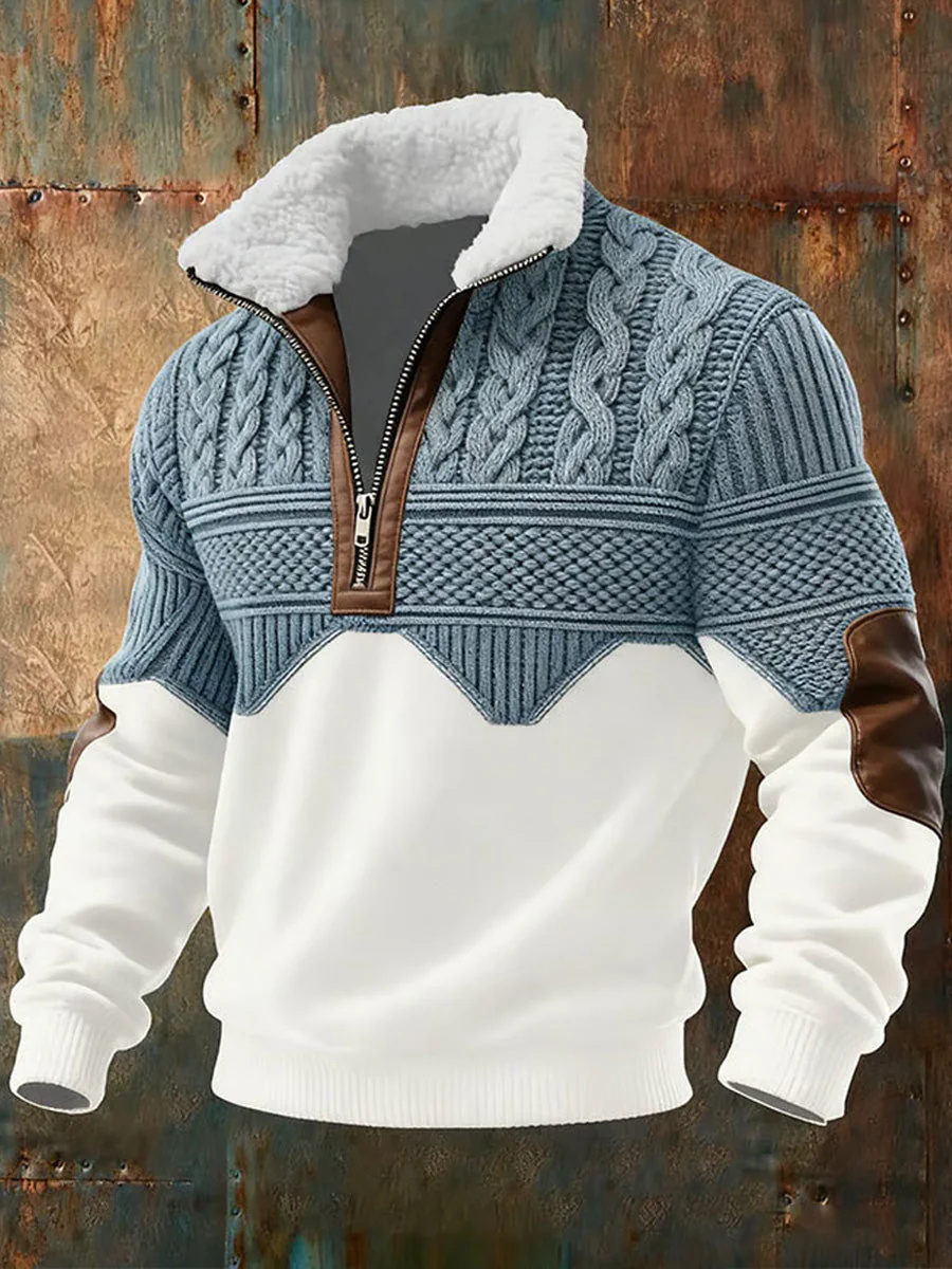 Men's Vintage Patchwork Cable Knit Quarter-Zip Pullover Sweater with Leather Elbow Patches | Luxe Clothing Men's Vintage Patchwork Cable Knit Quarter-Zip Pullover Sweater with Leather Elbow Patches - Image 5