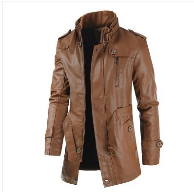 Men's Mid-Length Leather Trench Coat with Belted Waist & Stand Collar | Luxe Clothing Men's Mid-Length Leather Trench Coat with Belted Waist & Stand Collar - Image 8